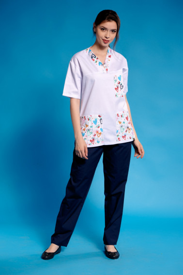Bluză medicală albă cu accente imprimate - Medical - Davido Design