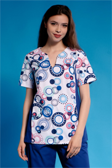 Bluză medicală  albastră imprimeu geometric - Medical - Davido Design