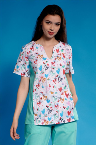 Bluză medicală aqua imprimeu cu inimioare - Medical - Davido Design