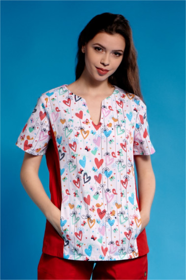Bluză medicală roşie cu imprimeu - Medical - Davido Design