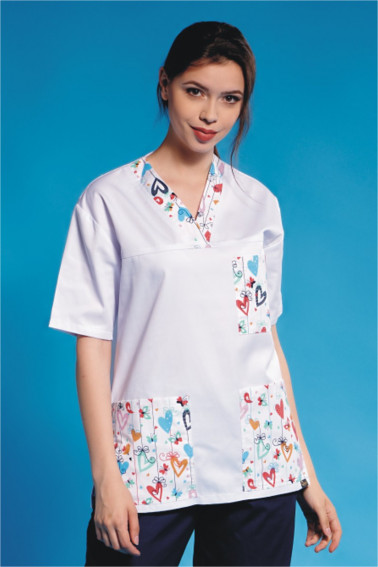 Bluză medicală albă cu accente imprimate - Medical - Davido Design