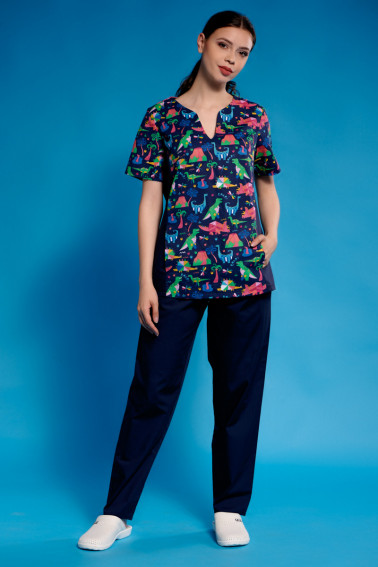 Bluză curaţenie bleumarin imprimeu cu dinozauri - Curatenie - Davido Design