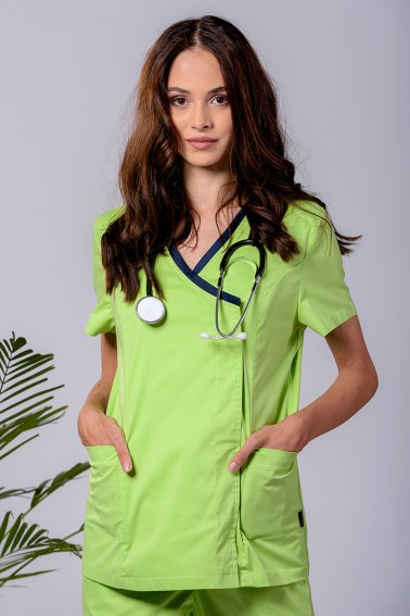 Bluză medicală damă verde crud cu accent bluemarin - Medical - Davido Design