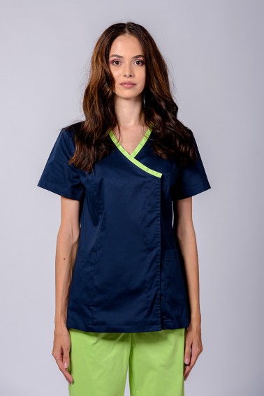Bluză medicală damă bleumarin cu accent verde măr - Medical - Davido Design