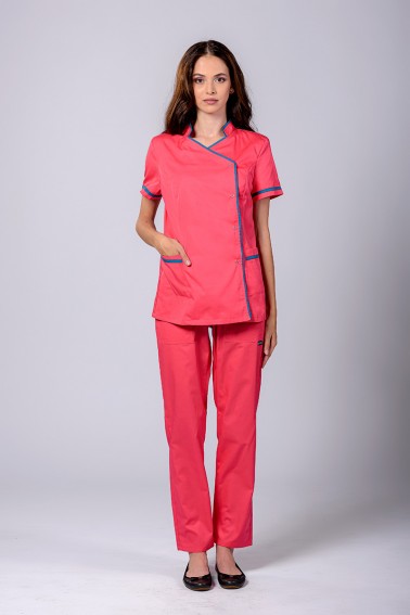Bluză medicală damă coral cu accent dark marine - Medical - Davido Design
