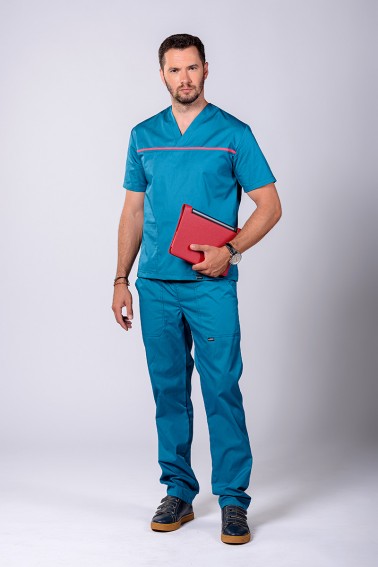 Uniformă medicală bărbătească dark marine cu accent coral - Medical - Davido Design