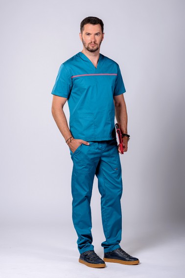 Bluză medicală bărbătească dark marine cu accent coral - Medical - Davido Design