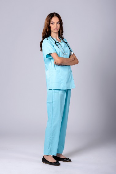 Uniformă medicală damă turcoaz cu bluză închisă cu nasturi - Medical - Davido Design