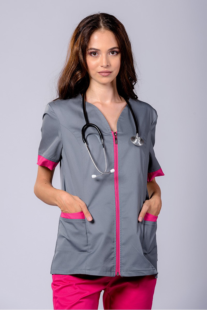 Bluză medicală damă gri accente fucsia - Colecții - Davido Design