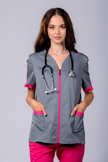 Bluză medicală damă gri accente fucsia - Colecții - Davido Design