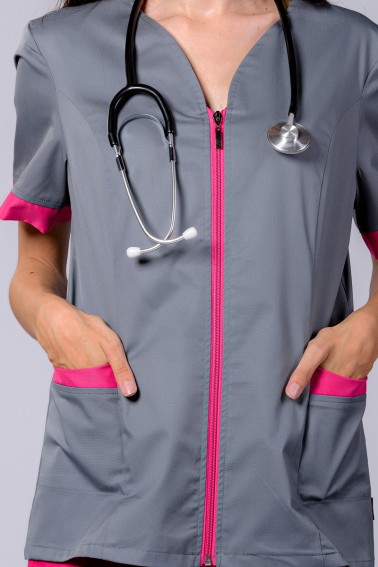 Bluză medicală damă gri accente fucsia - Colecții - Davido Design