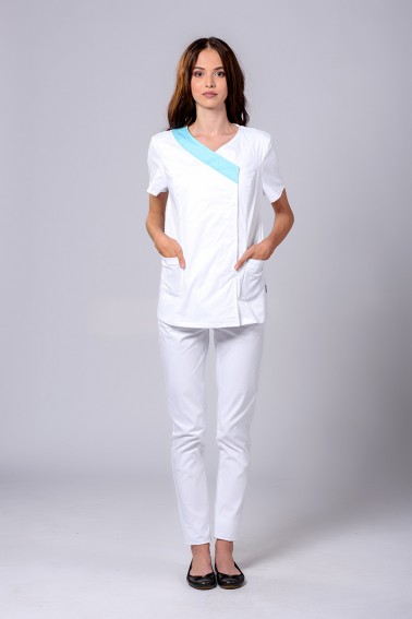 Bluză medicală damă cu capse și accent bleu - Colecții - Davido Design