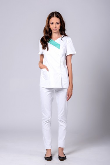 Bluză medicală damă albă cu capse și accent verde - Colecții - Davido Design