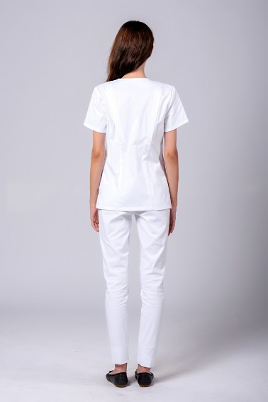 Bluză medicală damă albă cu capse și accent verde - Colecții - Davido Design