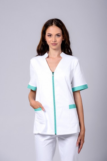 Bluză medicală damă albă cu fermoar și accente verde deschis - Colecții - Davido Design