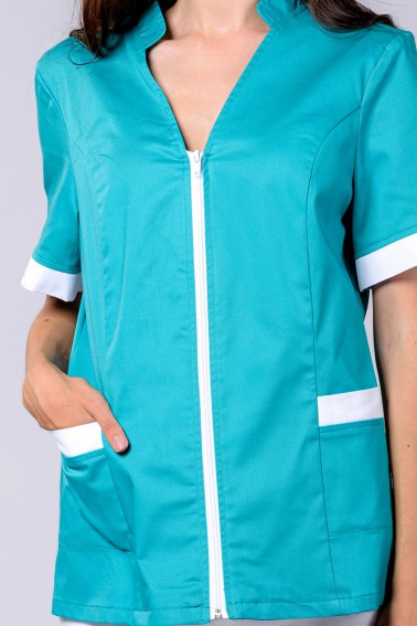 Bluză medicală damă verde cu fermoar și accente albe - Colecții - Davido Design