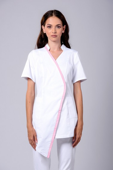 Bluză medicală damă albă asimetrică cu bie roz - Colecții - Davido Design