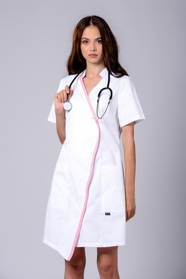 Rochie medicală albă cu bie roz - Colecții - Davido Design