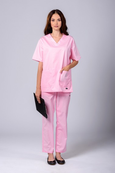 Uniformă medicală damă roz, cu decolteu în V - Uniforme Medicale - Davido Design