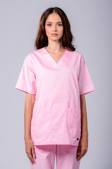 Uniformă medicală damă roz, cu decolteu în V - Uniforme Medicale - Davido Design