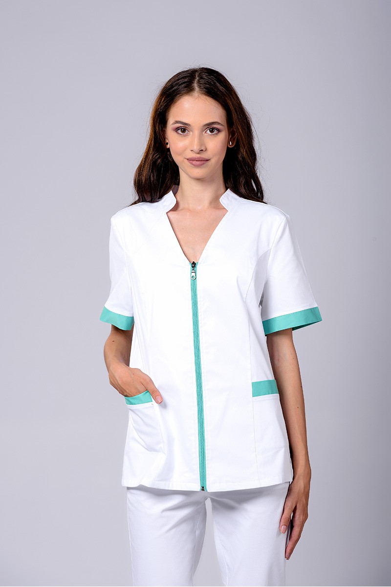 Bluză SPA damă albă cu fermoar și accente verde deschis - Colecții - Davido Design