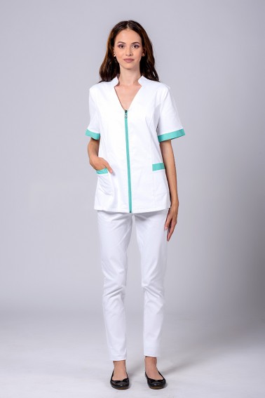 Bluză SPA damă albă cu fermoar și accente verde deschis - Colecții - Davido Design