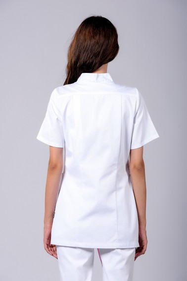 Uniformă medicală damă albă asimetrică cu bie roz - Uniforme Medicale - Davido Design