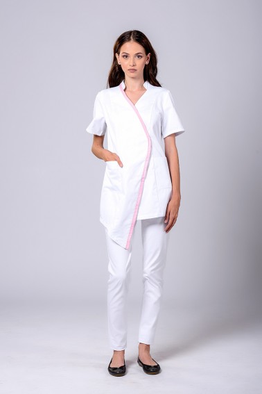 Uniformă spa damă albă asimetrică cu bie roz - Colecții - Davido Design