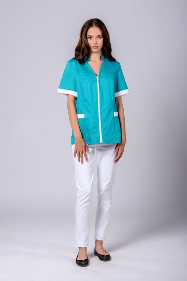 Uniformă medicală damă verde cu fermoar și accente albe - Medical - Davido Design