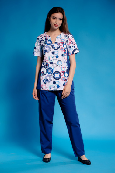 Bluză medicală  albastră imprimeu geometric - Medical - Davido Design