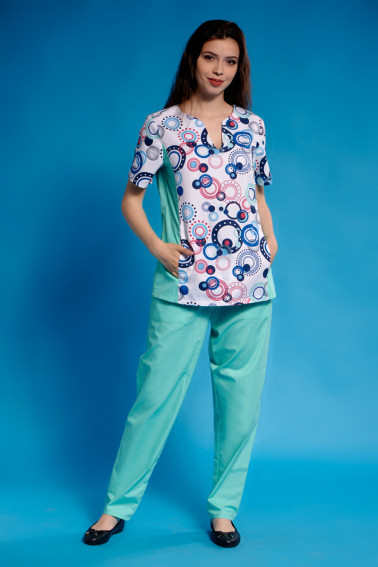Bluză medicală aqua imprimeu geometric - Medical - Davido Design