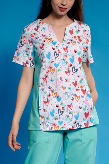 Uniformă medicală aqua imprimeu cu inimioare - Medical - Davido Design