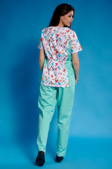 Uniformă medicală aqua imprimeu cu inimioare - Medical - Davido Design